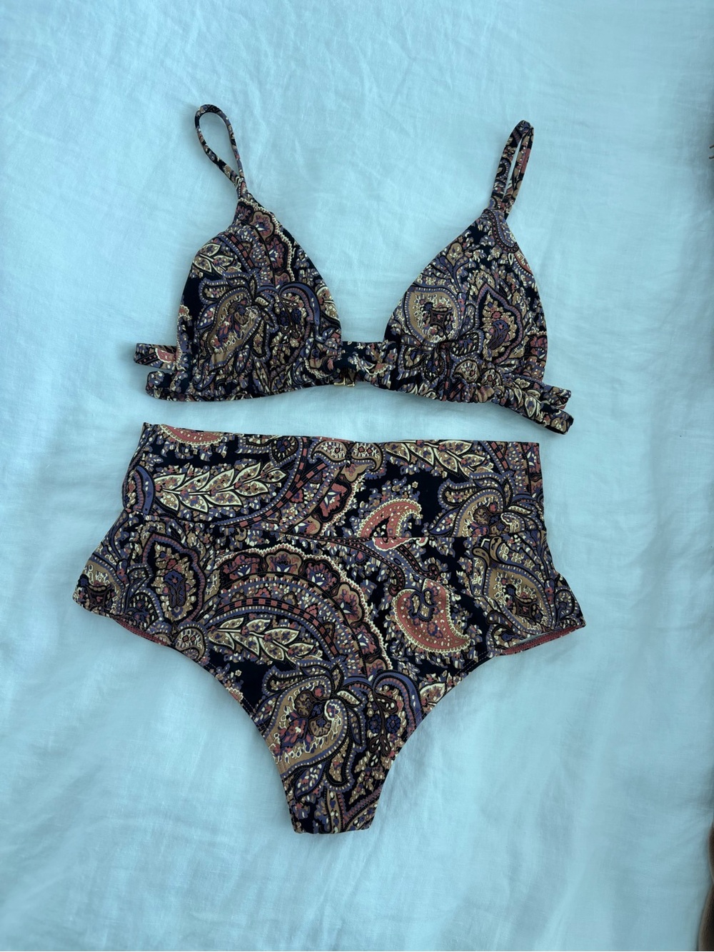 Montce Meg Paisley Paula Ties Bikini Top with matching high rise bikini bottom.
